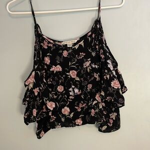 American Eagle off-the shoulder cropped black floral top